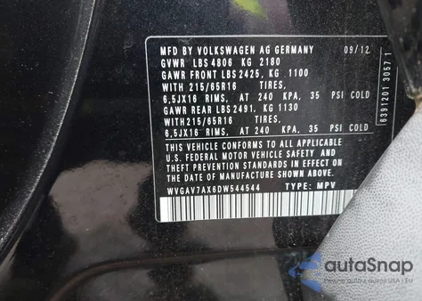 2013 Volkswagen Tiguan S z USA, uszkodzony, nr VIN WVGAV7AX6DW544544